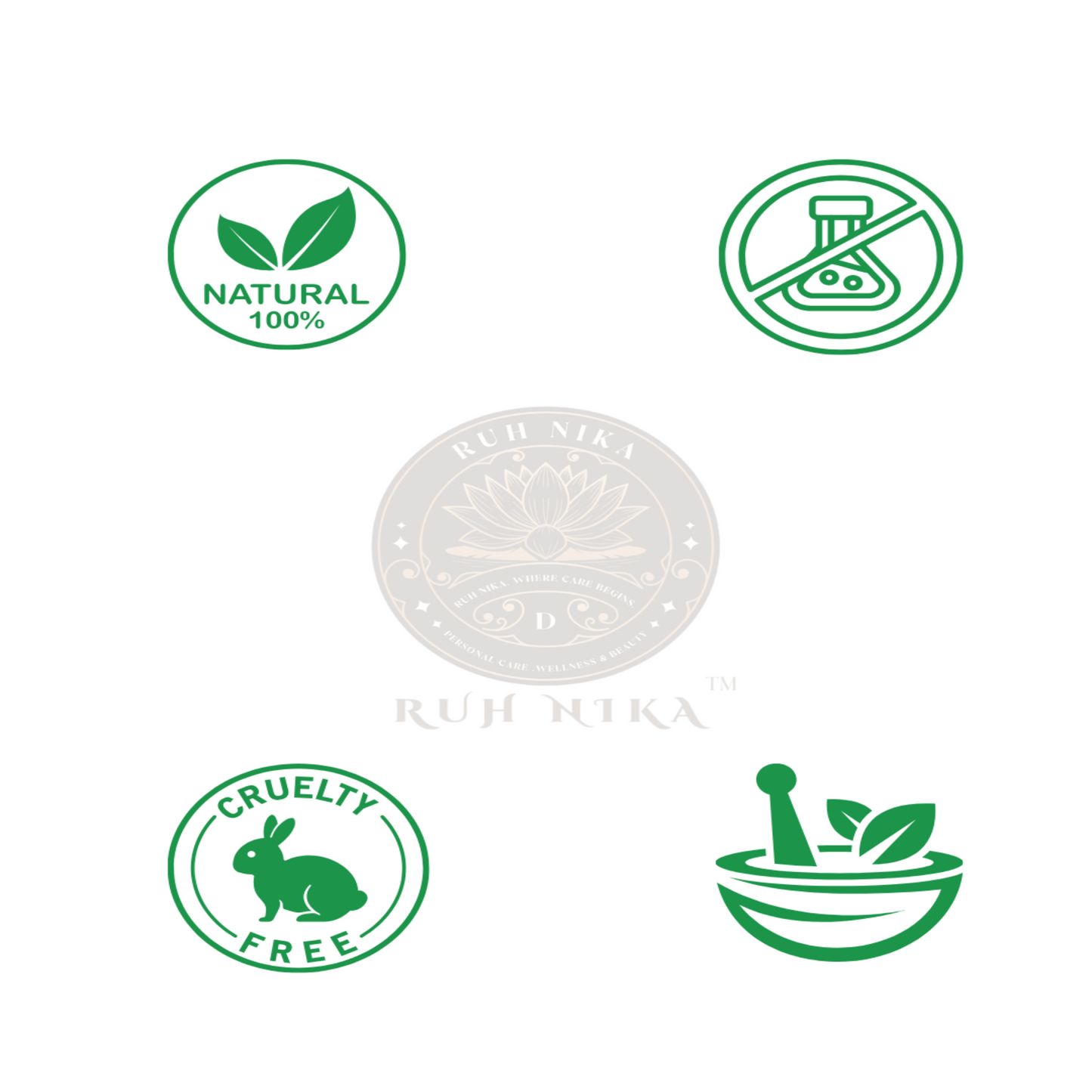 Set of green icons and logos on a white background, including 'Natural 100%', 'Cruelty Free', and 'Ruh Ruka' brand emblem.