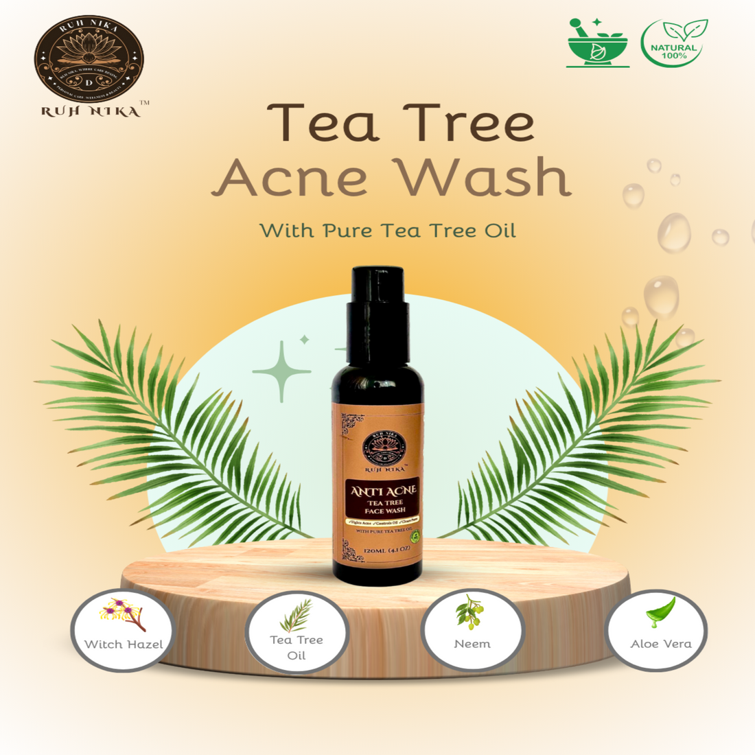 Ruh Nika Tea Tree Face Wash with tea tree, neem, aloe vera and witch hazel shown in the product image