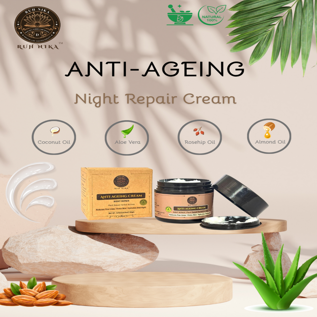 Ruh Nika Anti-Ageing Night Repair Cream with Almond Oil and product packaging