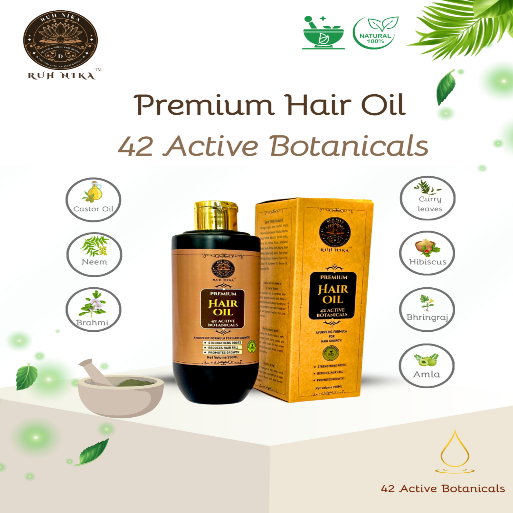 Ruh nika Premium Hair Oil with packaging and botanical ingredients on a white background