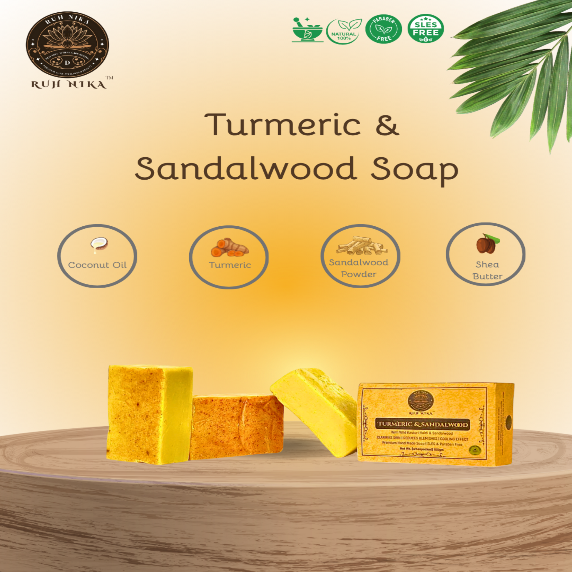 Turmeric and Sandalwood soap with packaging on a wooden surface, featuring Ruh nika brand.