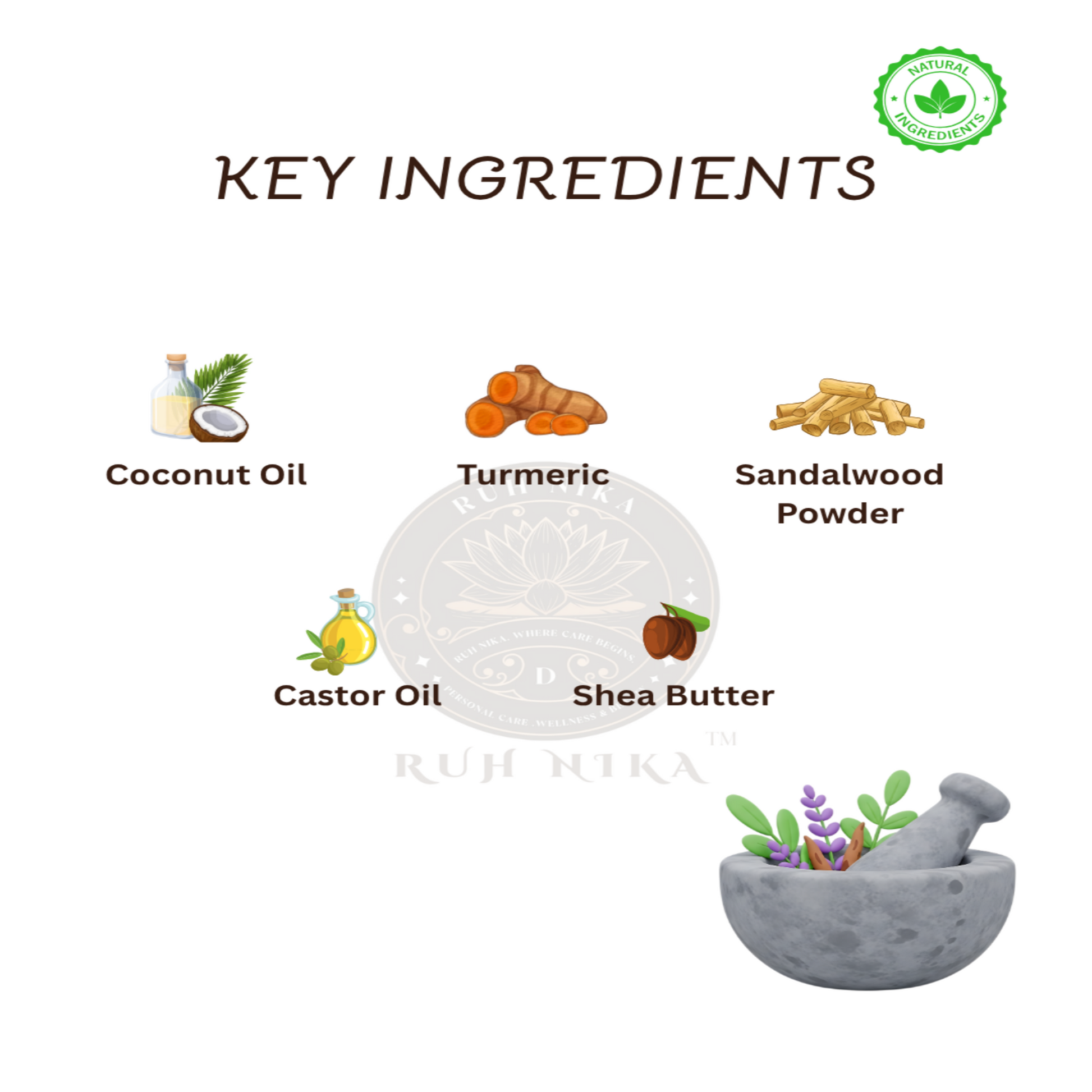 Key ingredients of a product with icons and text on a white background