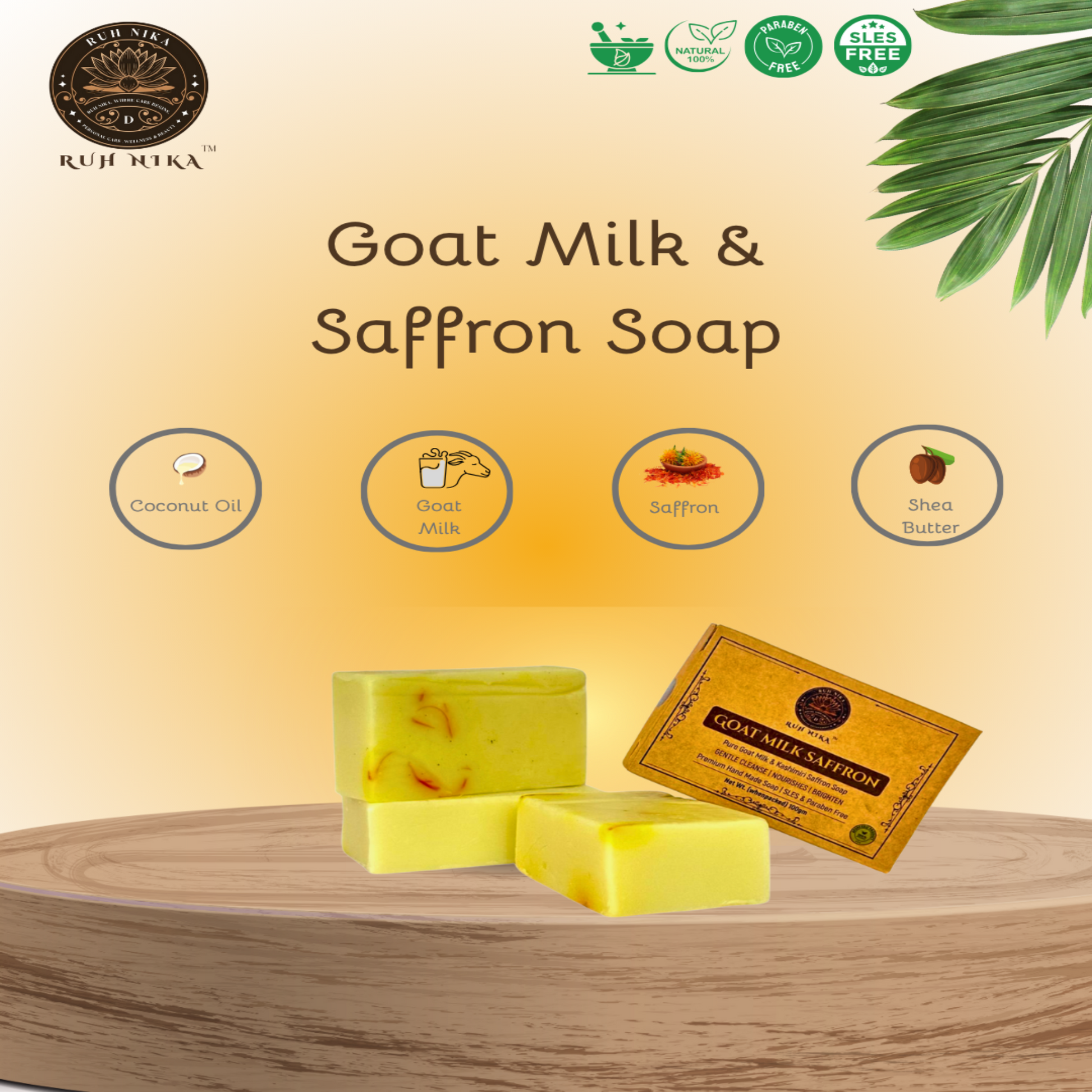 Goat Milk & Saffron Soap with ingredients listed on a wooden platform against a beige background.