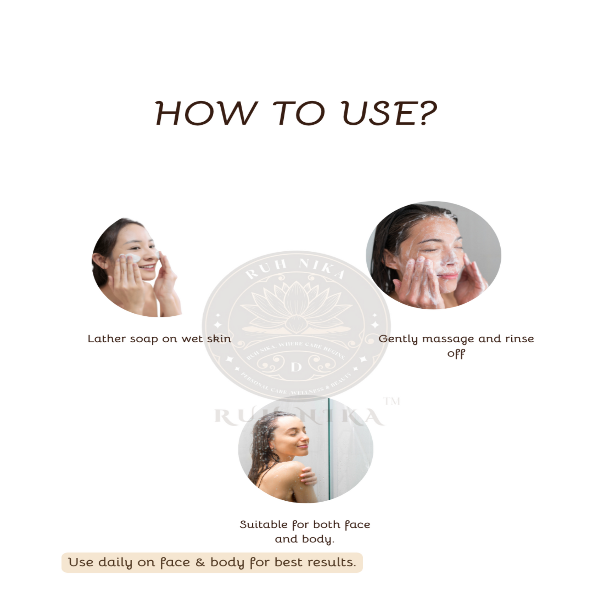 Instructions on how to use a product suitable for face and body, with images of a woman applying it.