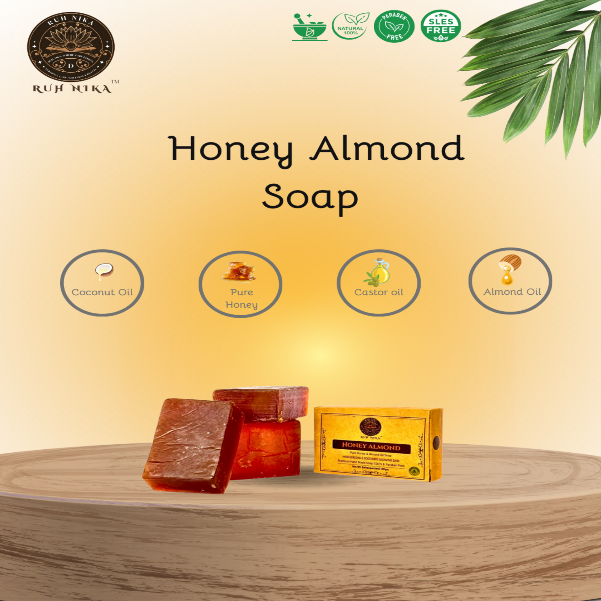 Honey Almond Soap packaging with ingredients listed on a wooden surface.