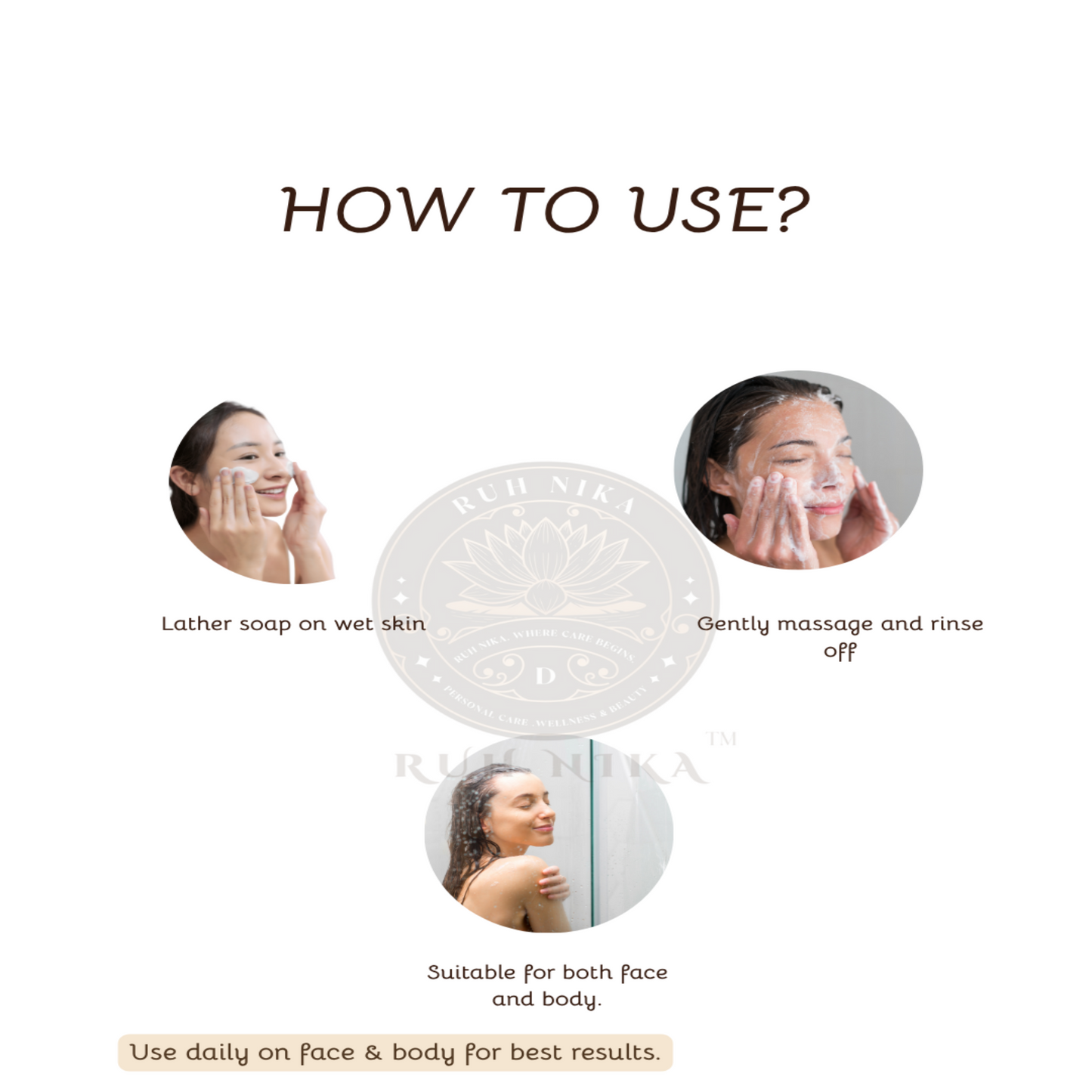 Instructions on how to use a product suitable for face and body, with images of people applying the product.