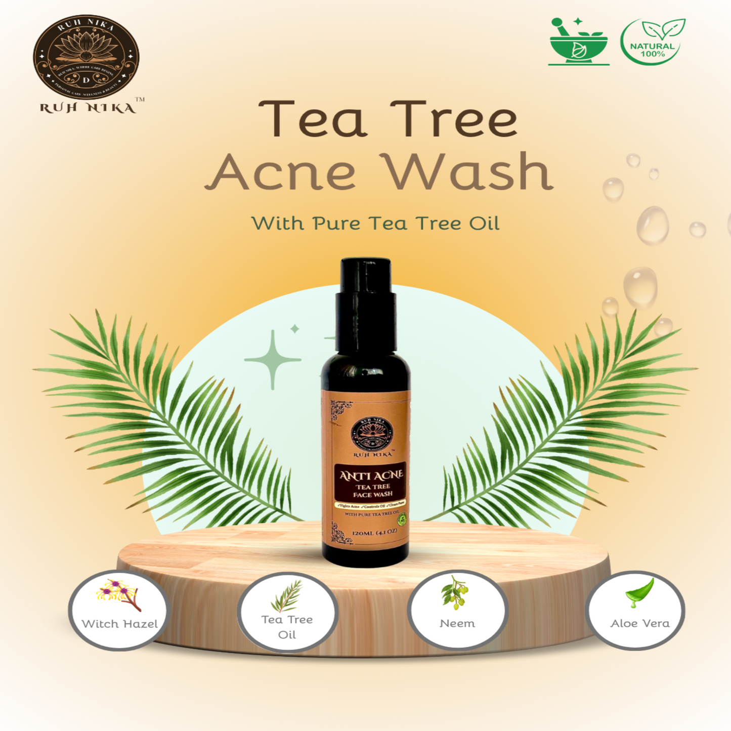Tea Tree Acne Wash bottle with tea tree leaves on a beige background