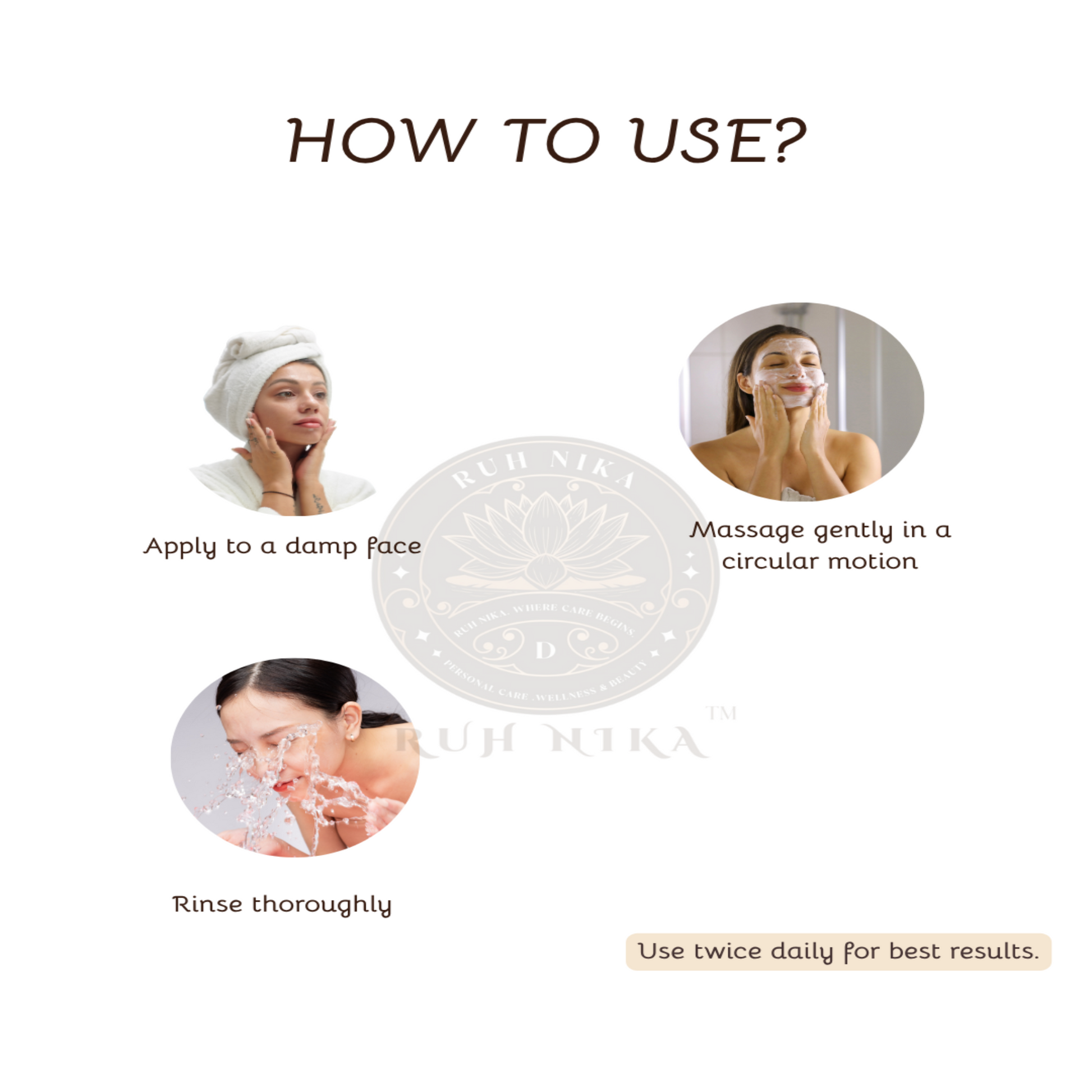 Instructions on how to use a facial cleansing product with images of a woman applying it.