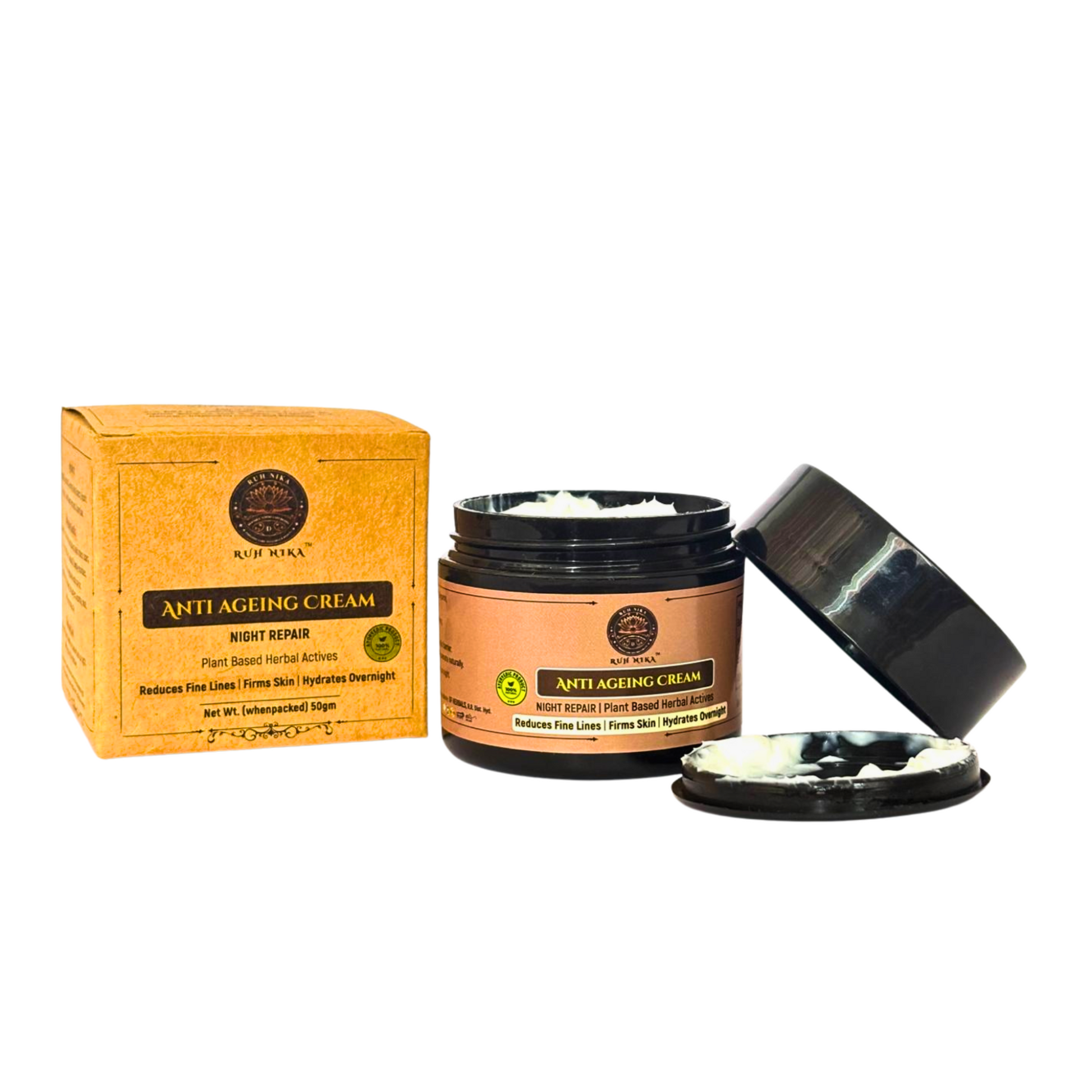 Ruh Nika herbal anti-ageing night repair cream jar with open lid, box packaging, and texture visible — enriched with herbal extracts and essential oils for glowing youthful skin natural skincare.