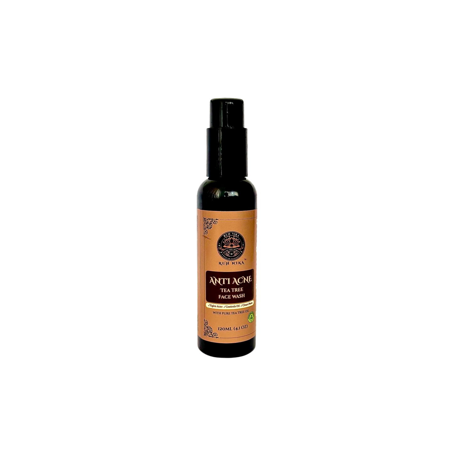 Ruh Nika herbal tea tree anti-acne face wash bottle on white background with natural ingredients — gentle cleanser for oily and acne-prone skin.
