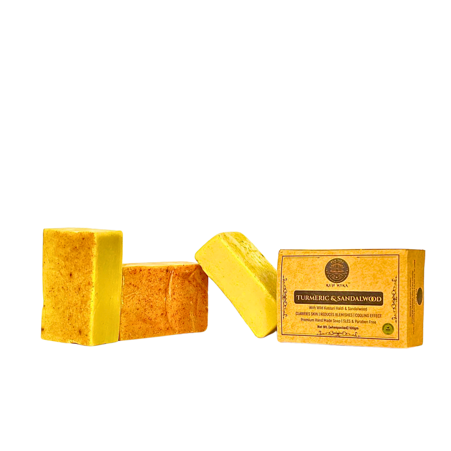 Ruh Nika herbal goat milk and saffron soap bar with packaging on white background  brightening natural skincare bathing bar for soft glowing skin.