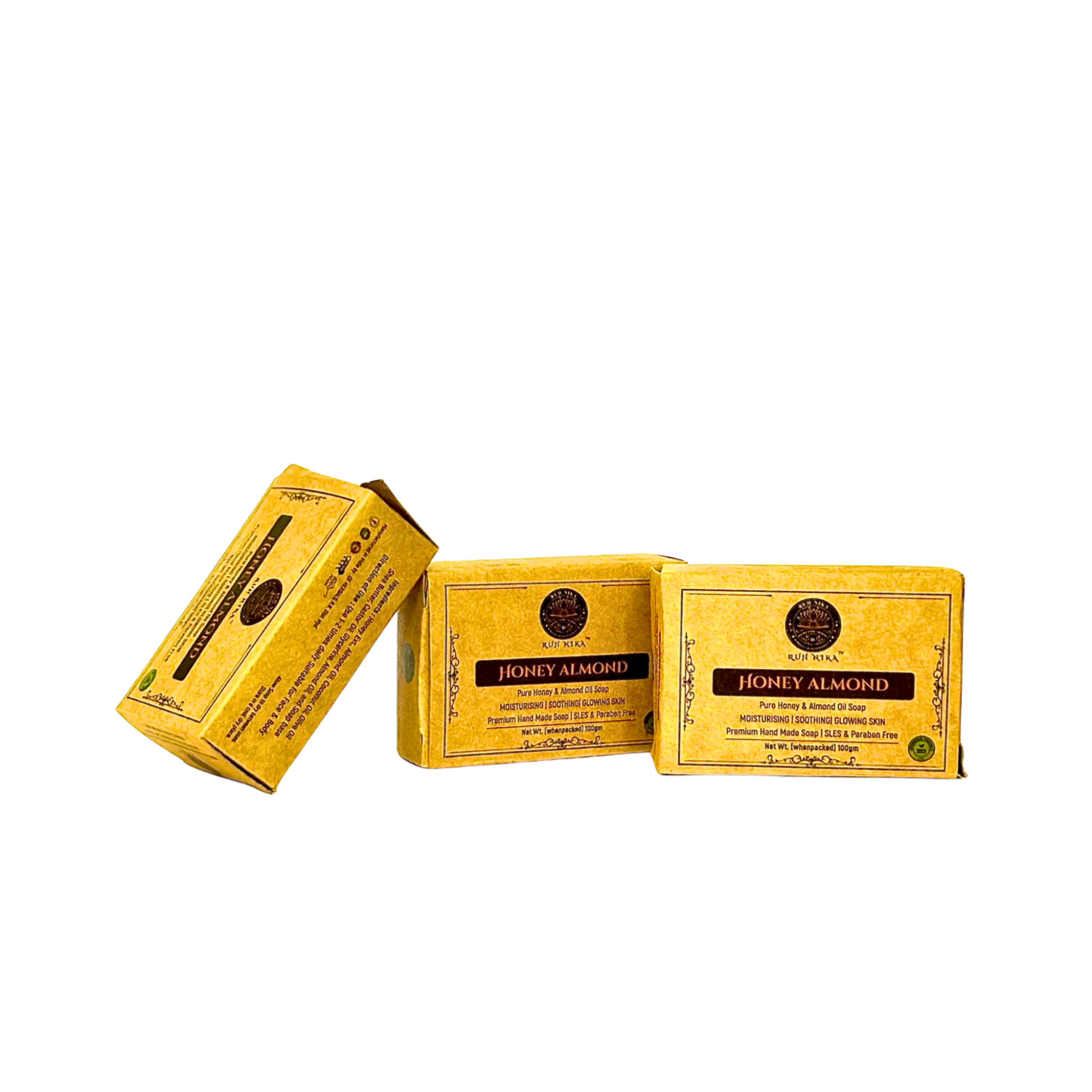 Ruh Nika herbal honey and almond soap bar with box packaging on white background — moisturizing handmade soap for nourished glowing skin.